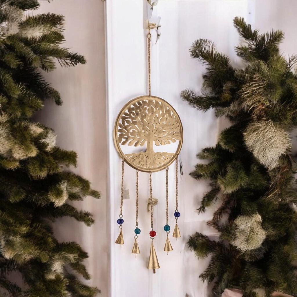 Großes 20-Zoll-Goldener Lebensbaum-Windspiel mit Glocken, Spirituelle Boho-Gartendekoration für eine beruhigende Außenatmosphäre und Zen-Meditationsräume