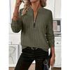 Women Solid Color Ribbed Knit Zipper Long Sleeve Loose Pullover Sweatshirt
