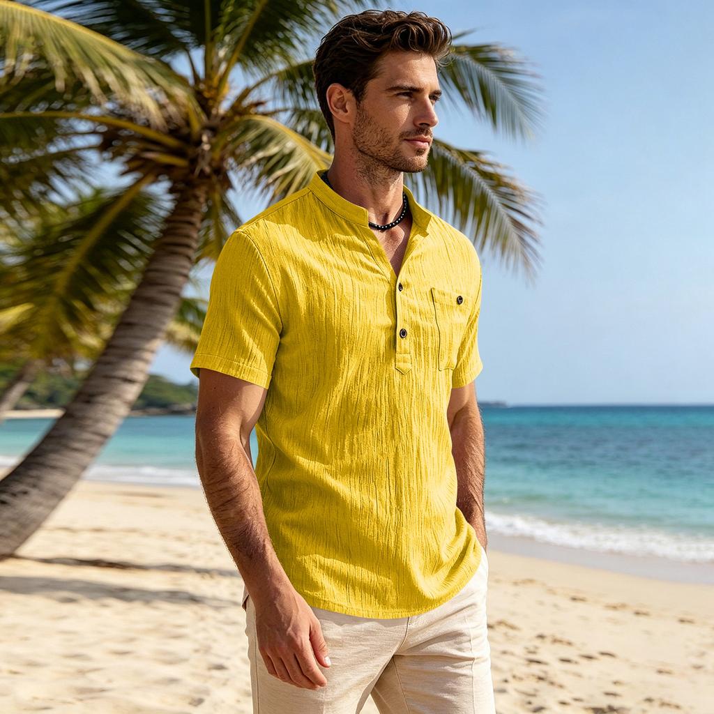 Men's Lightweight Breathable Casual Shirt Short Sleeve Solid Color Button Placket Relaxed Fit Summer Top