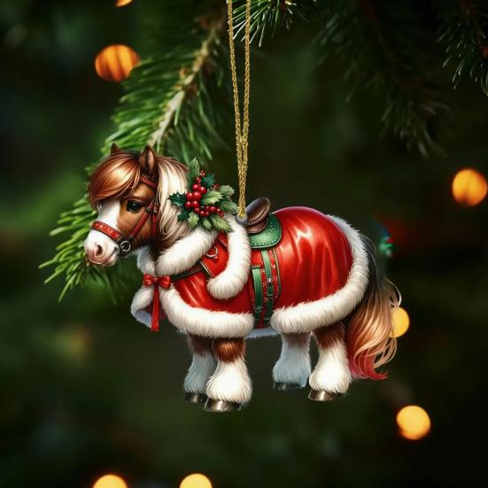 Vánoční ozdoba kůň 2D plochá akrylová ozdoba na vánoční stromek Dárky s koněm pro ženy Milovníky koní Farmáře Přátele