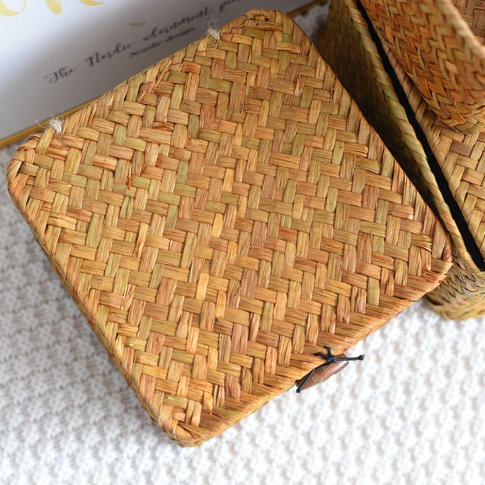 Seagrass Basket with Lid Wicker Storage Basket Handwoven Decor Organizer Flat Storage Bins Woven Boxes for Desk Shelf Small Items Home