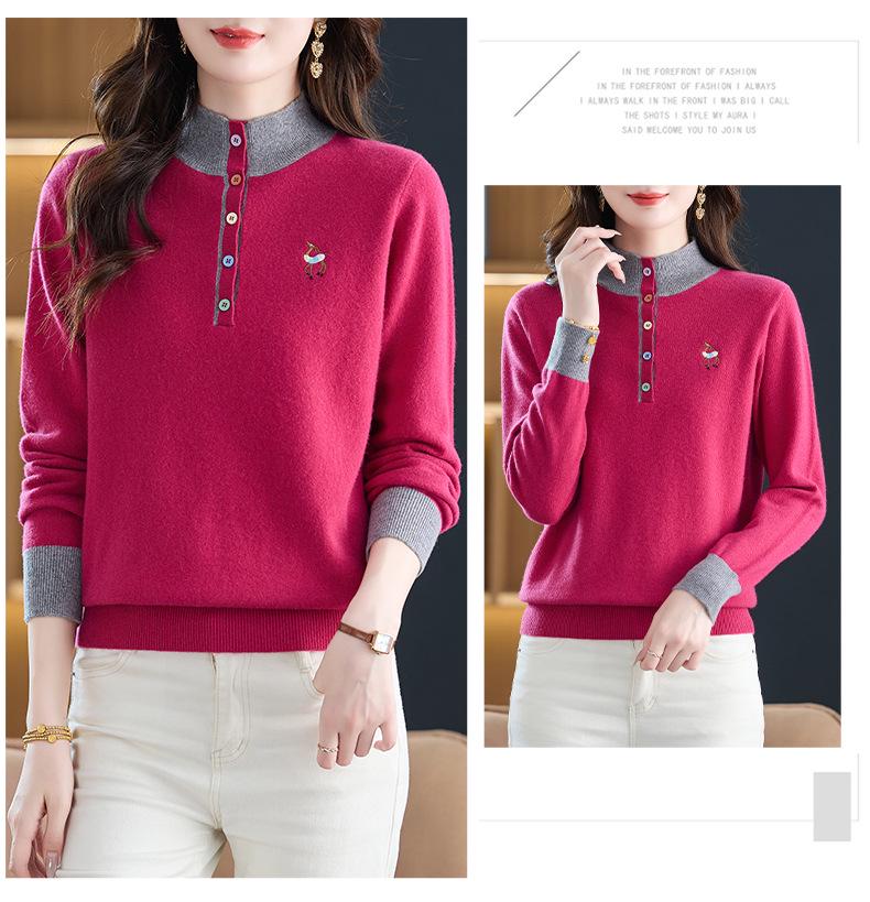 Hengyuanxiang Women's Pure Wool Round Neck Long Sleeve Sweater - Stylish Loose Knitwear for Mom