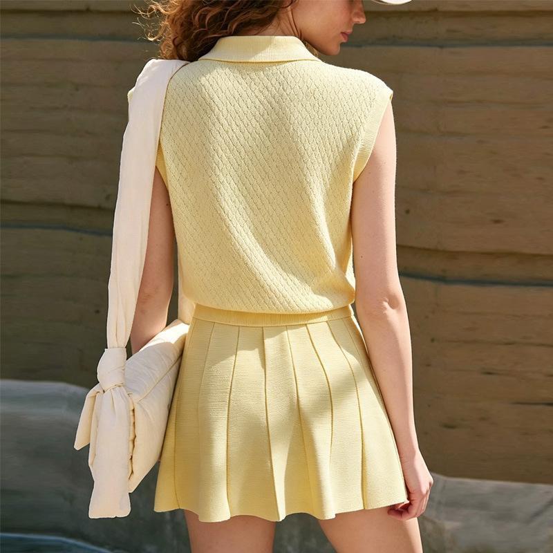 Womens Knit Jacquard Tennis Set Sleeveless Zipper Collar Top High-Waisted Pleated Skirt Sport Suit Gym Running Dance