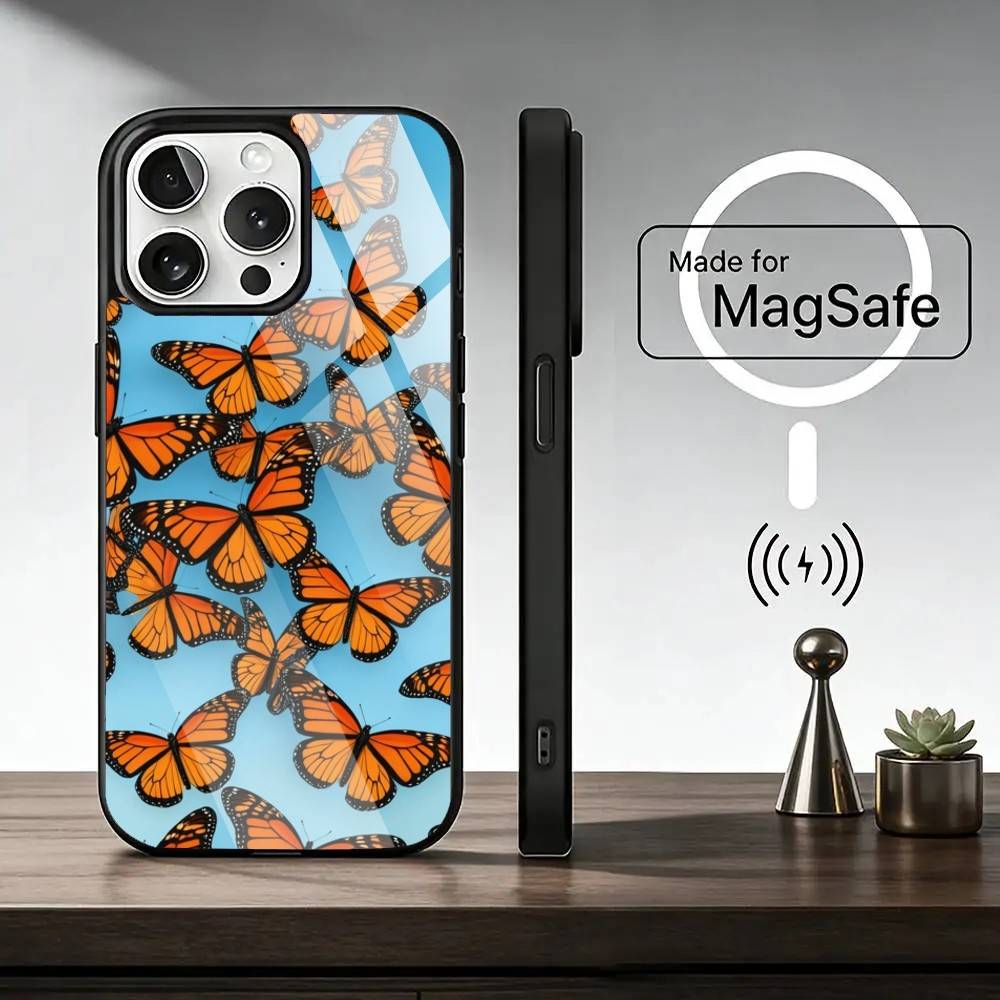 Retro Art Schwarzer B-Schmetterling Handyhülle für iPhone 17, 16, 15, 14, 13, 12, 11 Plus, Pro Magnetisch mit Magsafe Kabelloses Laden