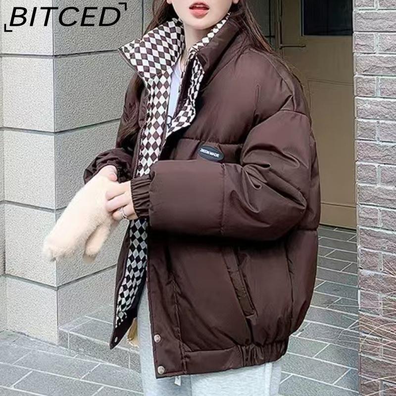 BITCED Stylish Niche Checkered Pattern Thickened Puffer Jacket for Women Mid-Length Winter Cotton Coat