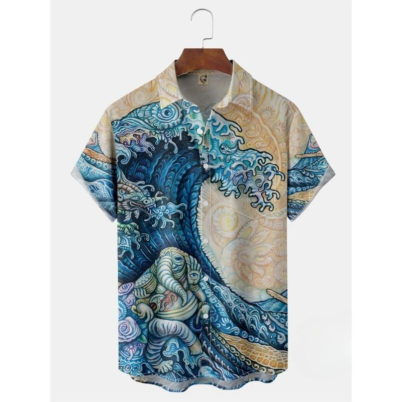 Hawaiian Shirts for Mens Short Sleeve Tops Japanese Style 3D Print Ukiyoe Wave Graphic Clothes Summer Streetwear