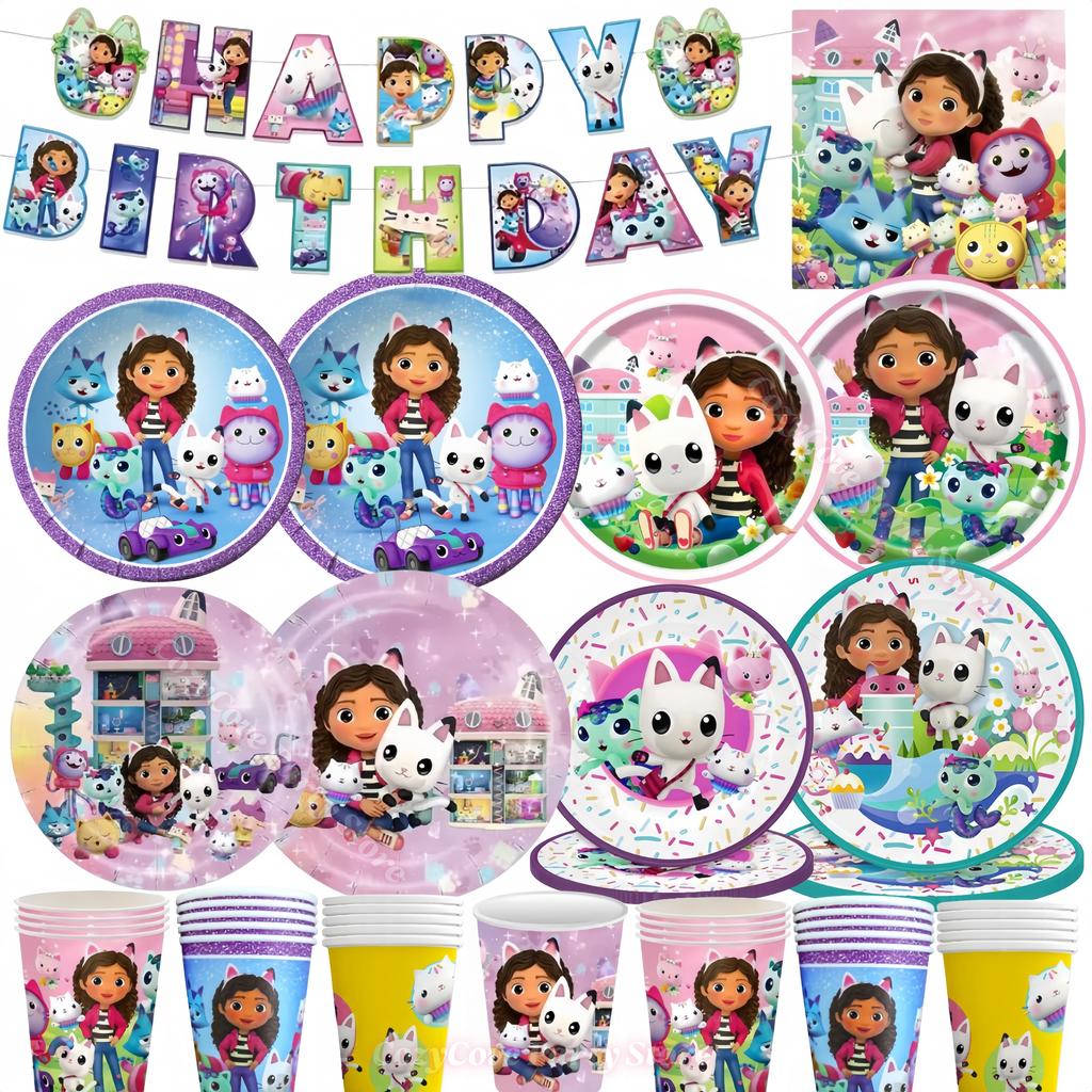 Gabby Dollhouse Birthday Party Decoration Gabby Plates Cups Napkins Cake Topper Balloons For Kids Party Favors Gifts Photo Booth