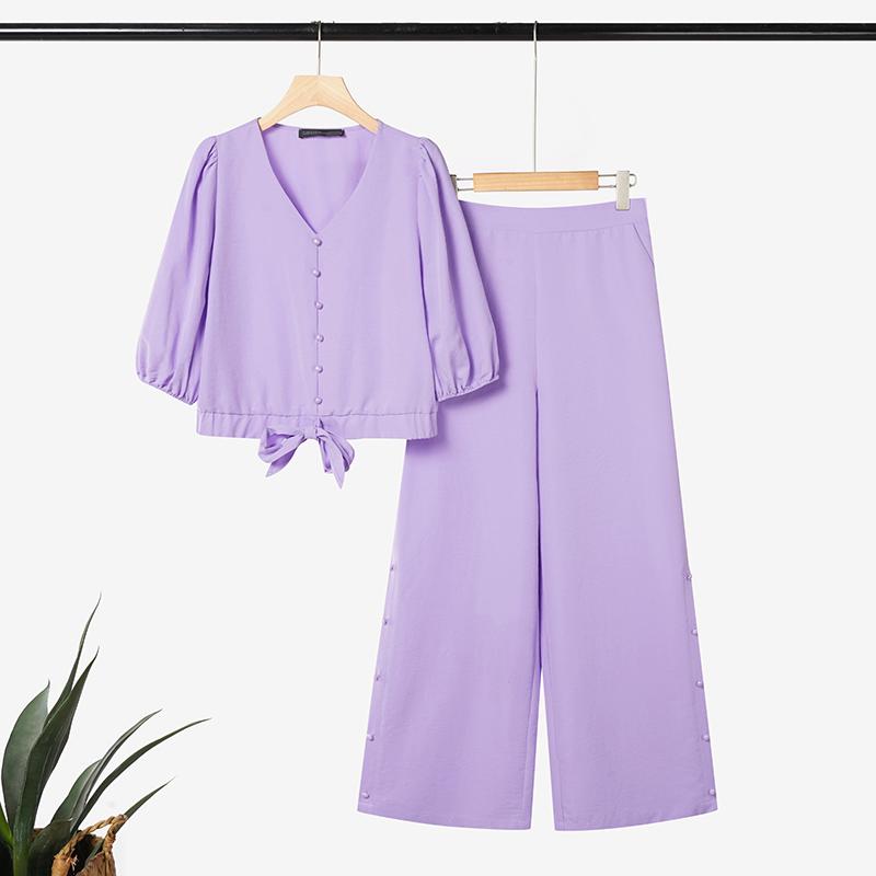 

ZANZEA Женская блузка с коротким рукавом и брюки Повседневные костюмы-двойки S фиолетовый