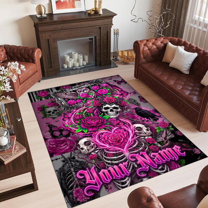 Day of the Dead Theme Crystal Velvet Rug Personalized Custom Name Text Soft Floor Mat Home Decor