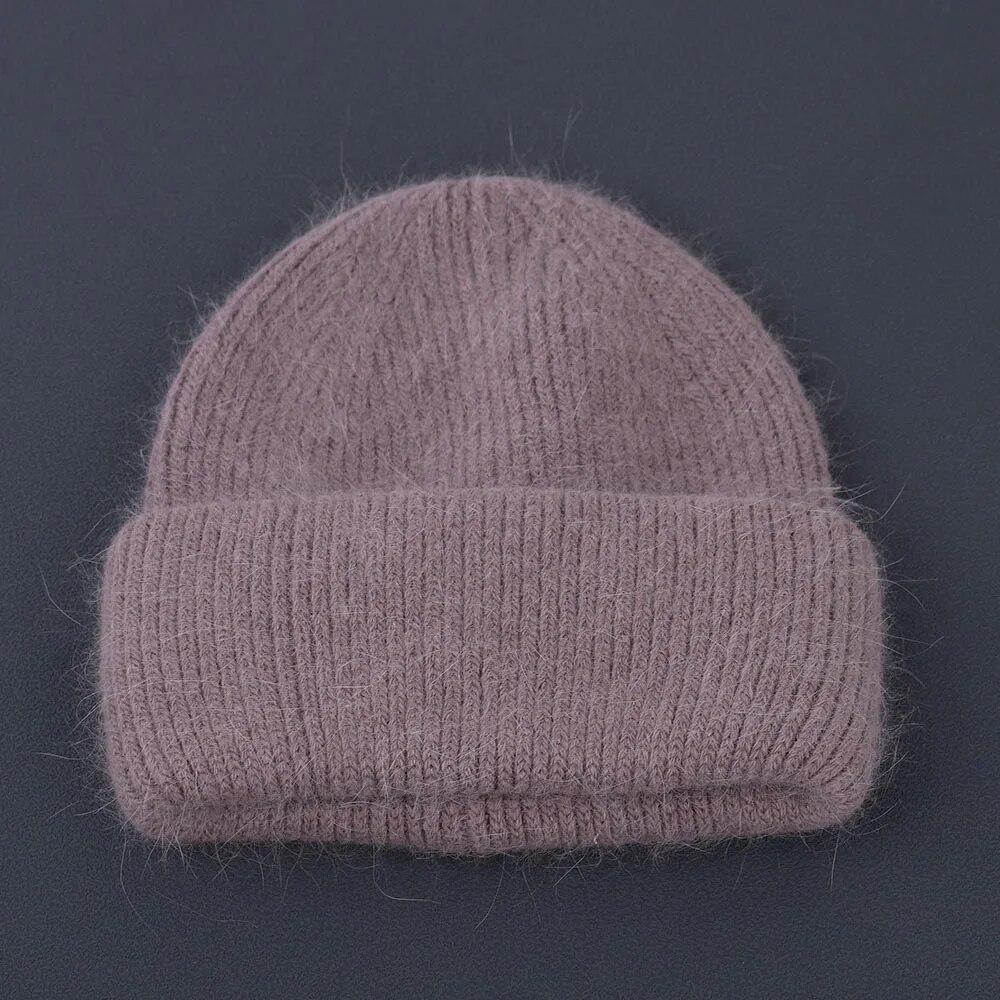 Winter Real Rabbit Fur Knitted Beanies For Women Fashion Solid Warm Cashmere Wool Skullies Beanies Female Fold Thick Hats