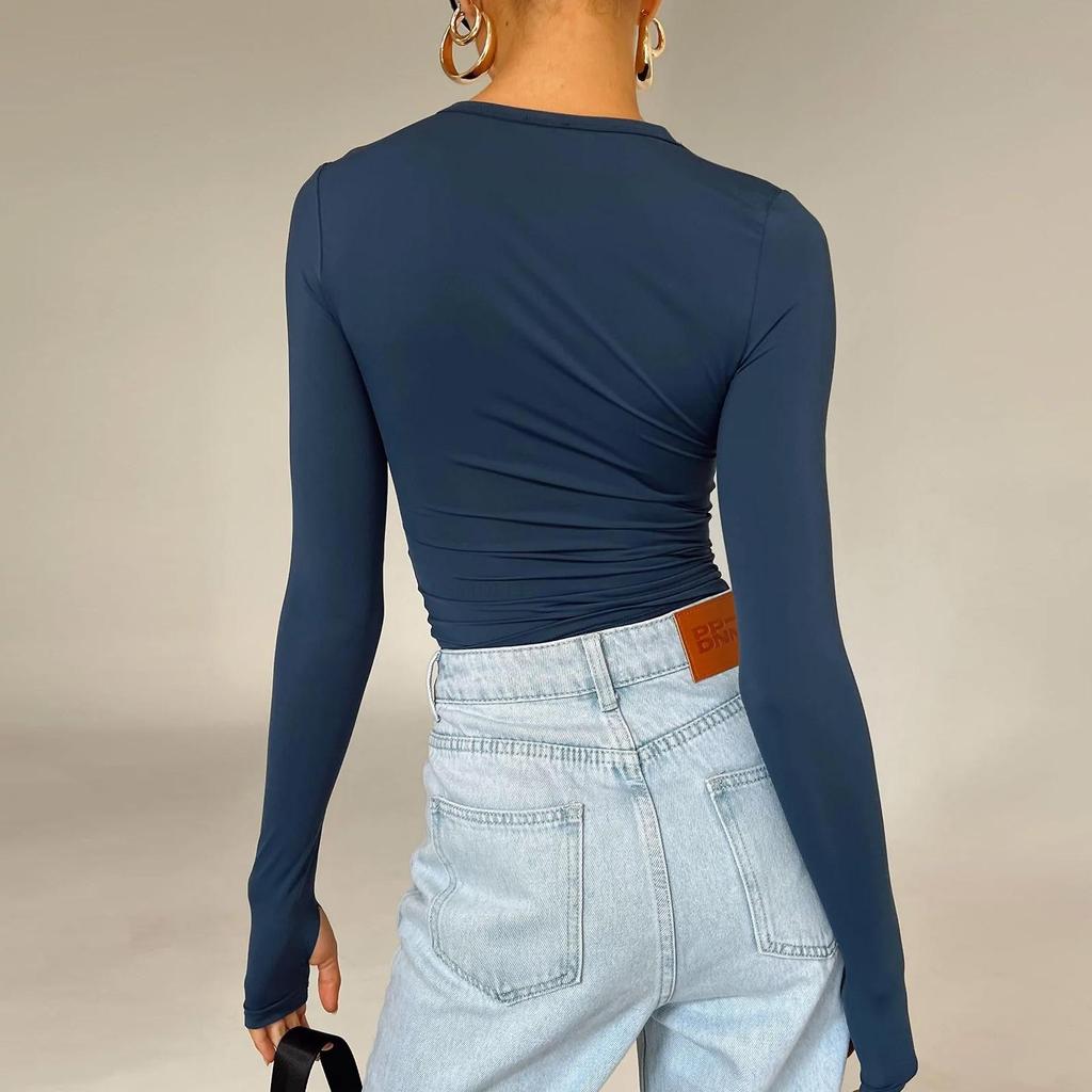 2026 Women's Slim Fit Solid Color Long Sleeve T-Shirt - European & American Style Spring Collection