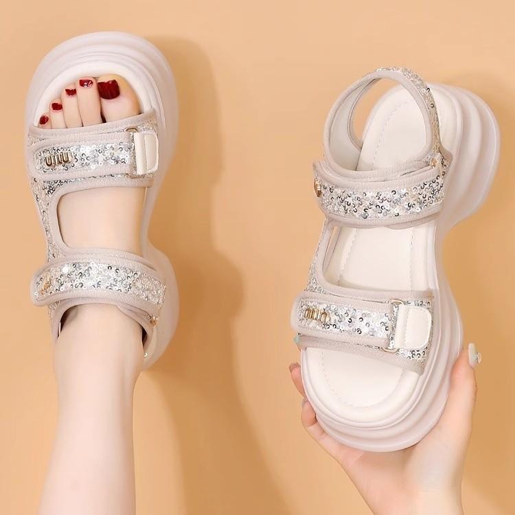 New ladies sandals -Outdoor travel thick bottom heightened sequins decoration comfortable fashion non-slip soft elastic shock-absorbing shoes