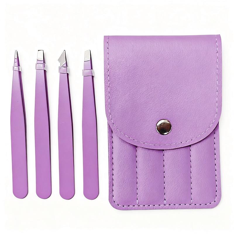 Colorful Stainless Steel 4 Pcs Tweezer Set For Women And Men's Eyebrows & Eyelashes Comes With Storage Bag