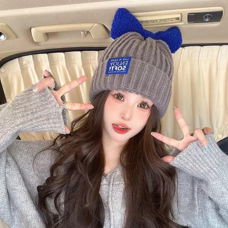 Autumn and Winter Candy colored Bow Woolen Hat for Women Korean Version  Versatile Face Showing Small Warm Knitted Hat for Students  Sweet Cold Hat