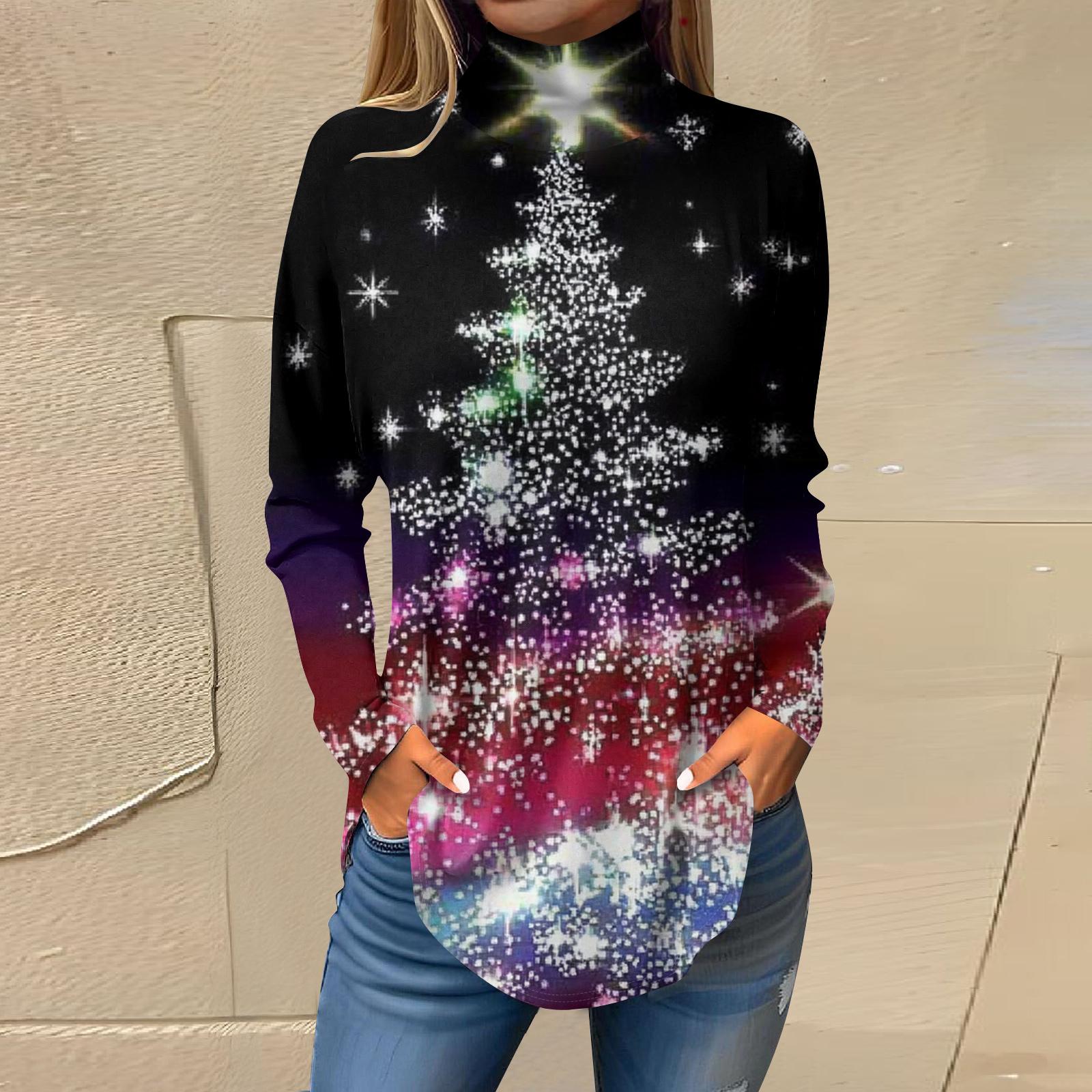 

Женская модная футболка свободного кроя с высоким воротом и рождественским принтом, топ с длинным рукавом XXXL чёрный