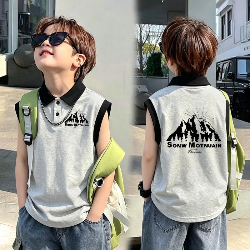 Boys' Color Block Cotton Polo Shirt Vest - Summer 2026 New Arrival, Medium & Large Patchwork Lapel Sleeveless Top