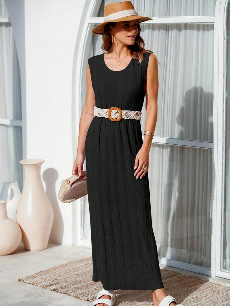 Womens Sleeveless Ribbed Knit Maxi Tank Dress Scoop Neck Summer Long Dress