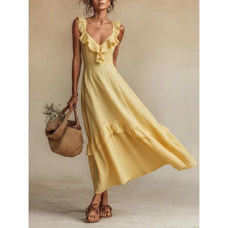 Women V Neck Long Sleeve Tiered Ruffle Maxi Dress Relaxed Fit Multi Color S