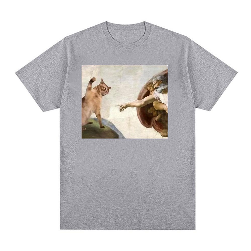 T-shirt Unisex Uomo Donna Moda Vintage Cotone Manica Corta Classica con Meme Gatto Divertente Pittura Creazione di Michelangelo Rinascimento