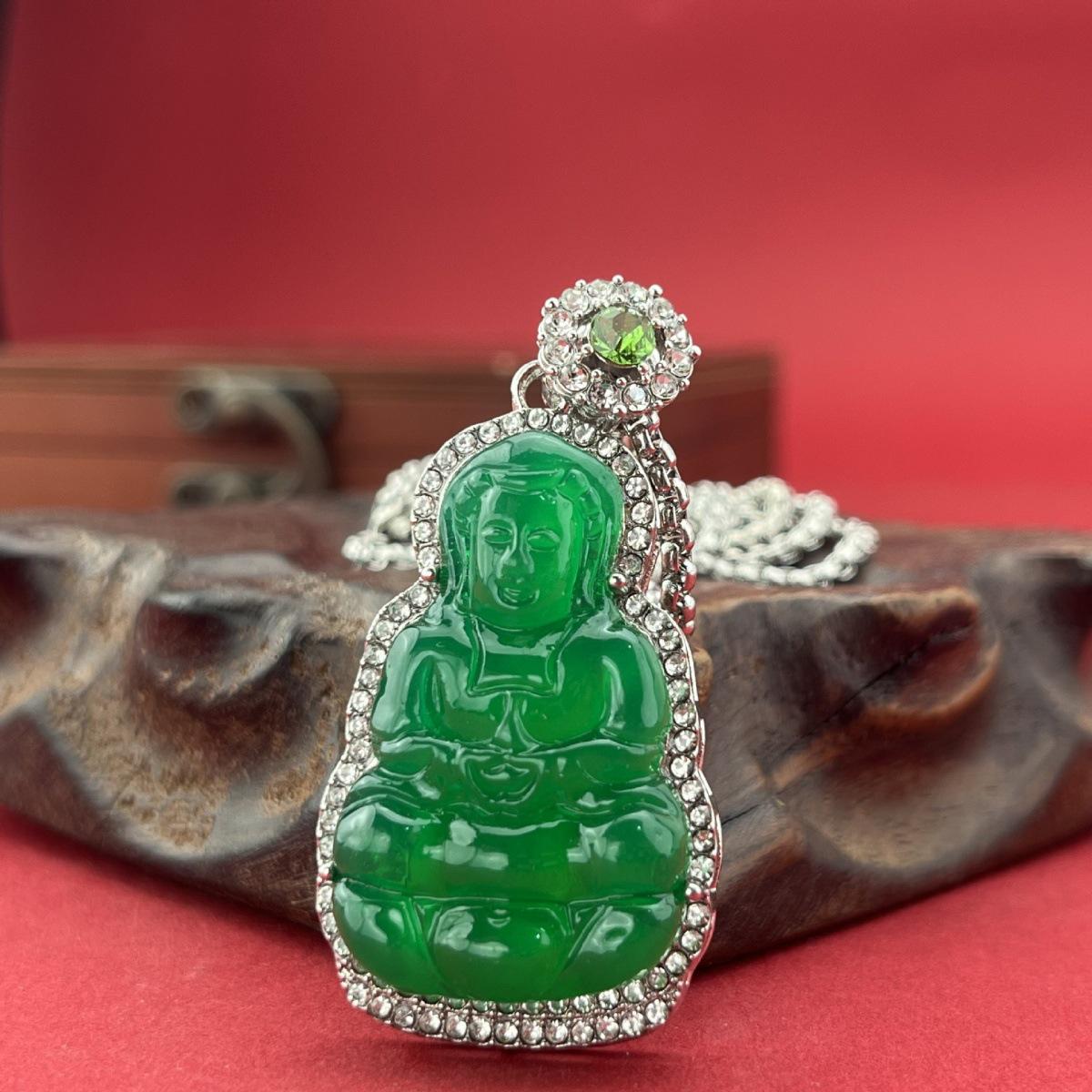 Elegant Green Jade Guanyin Pendant with Diamond Accents and Gold Water Wave Chain - Unisex Alloy, Perfect Gift