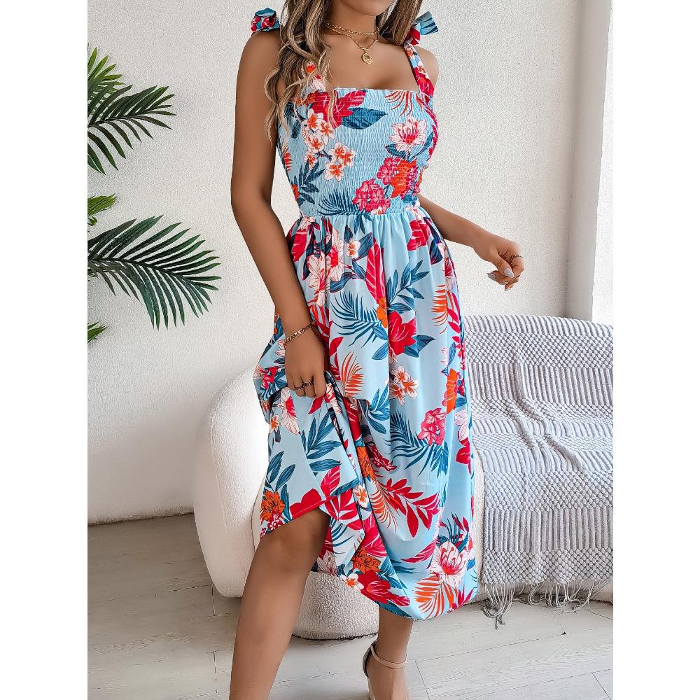 Frühlings- und Sommer-Blumen-Bindegürtel-Trägerrock Urlaub Strand Langer Rock Mode Damen Langer Rock