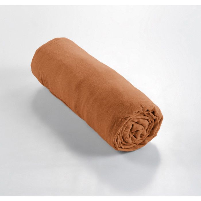 Drap housse "Gaïa" toutes dimensions "Gaze de Coton" l'Effet Papillon - Gaia Abricot - 90 x 190 cm bonnet de 30 cm