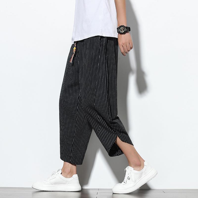 Summer Casual Men's Pants Harajuku Striped Baggy Pants Cotton Linen Wide Leg Harem Trousers for Men