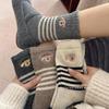 Korean Style Women's Mid-Calf Socks - Autumn/Winter Striped, Cartoon Puppy Embroidery, Warm Vintage Design