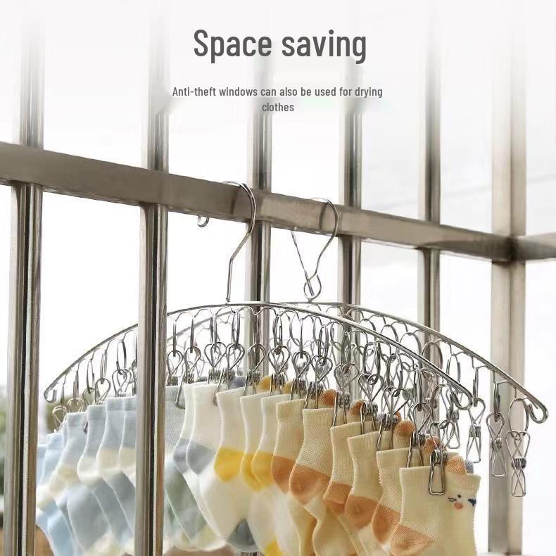 Multi-Functional Stainless Steel Sock Holder & Windproof Clothes Drying Rack with Curved Clips
