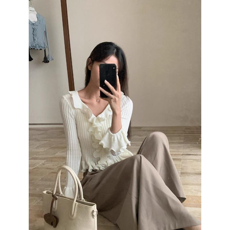 Pulover tricotat subțire cu dantelă ciupercă la modă, toamnă 2025 nou pulover de damă cu talie și decolteu în V 11950