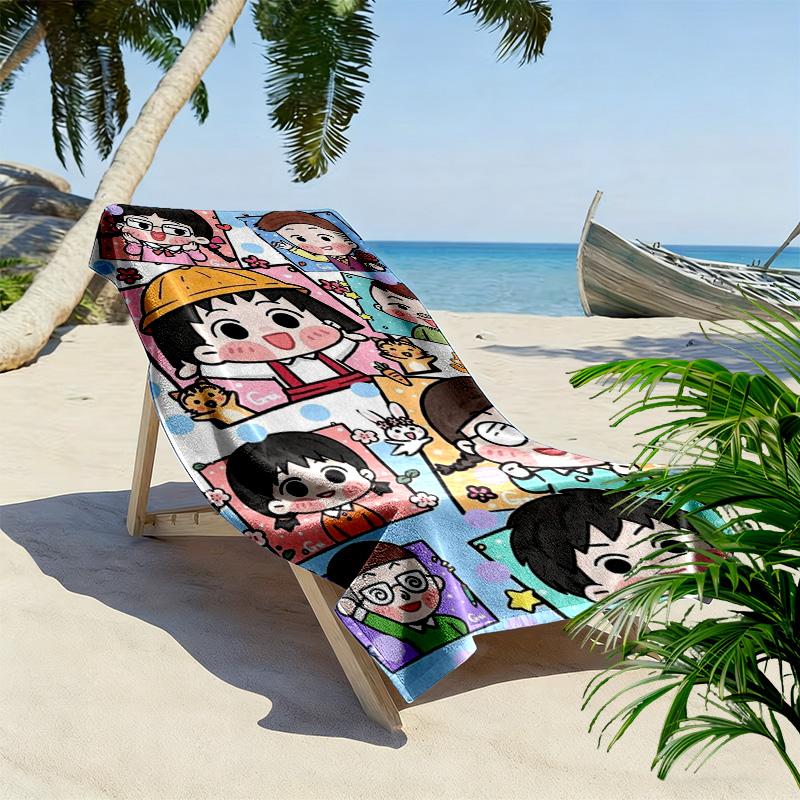 Chibi Maruko-chan Print Beach Towel, Large Soft Quick Dry Towel for Beach Camping Swimming