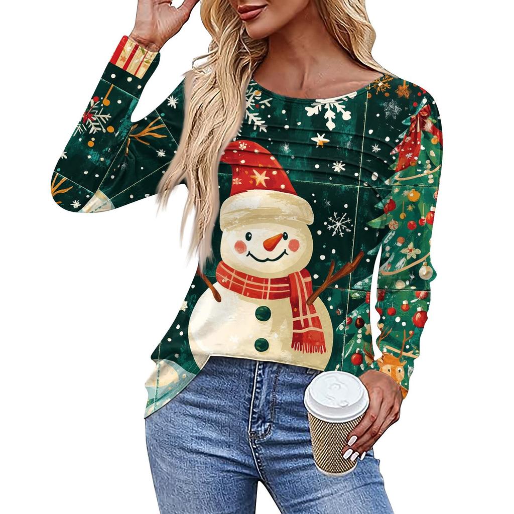 Ladies' Casual Fashion Printed Round Neck Long Pleated T-shirt Top Christmas