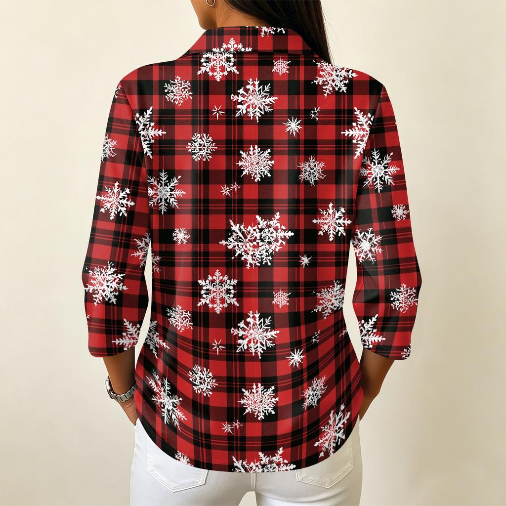 Damen Freizeithemd mit 3/4 Ärmeln, Kragen und Knopfleiste mit Weihnachtsdruck