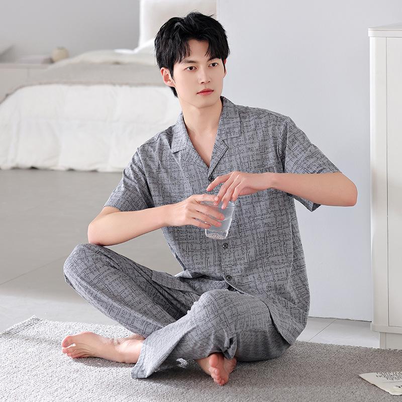 Pure cotton pajamas men's summer lapel short-sleeved trousers 1011 new thin suit men's summer casual loungewear
