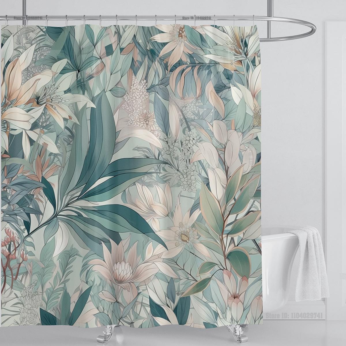

Водные растения Цветочная шторка для душа Водонепроницаемая шторка для душа Полиэстеровая ткань 3D-принт Занавеска Украшение для ванной комнаты С крючком W90xH180cm