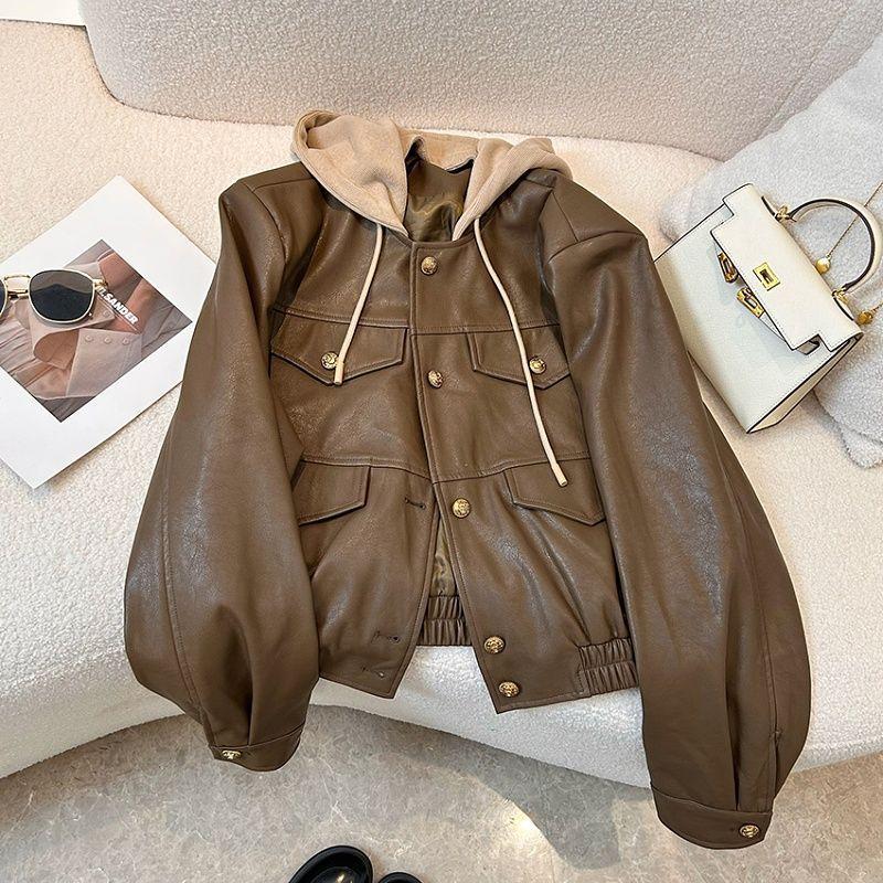 

Fake two-piece hooded leather jacket for women spring and autumn casual retro motorcycle wear large size black PU leather jacket top 4XL