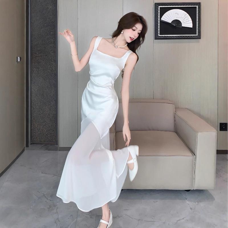 Women's White Satin Fishtail Summer Dress with Collar