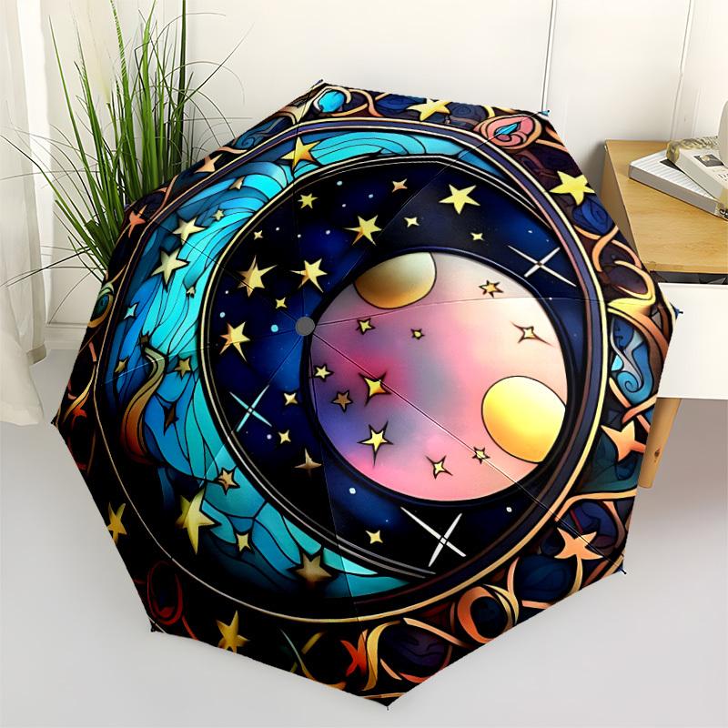 

1pc Celestial Stained Artwork Automatic Umbrella - Stylish, Durable, with 8-Rib Manual Open Design, Elegant Black Handleyy250920135