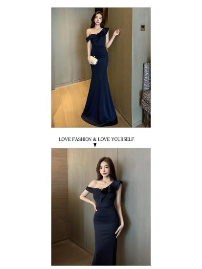 Elegant Strapless One-Shoulder Floor-Length Bodycon Evening Dress