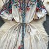 Summer Women Plus Size Turn-down Collar Lantern Sleeve Vintage Print Shirt Loose Lace-up Dresses