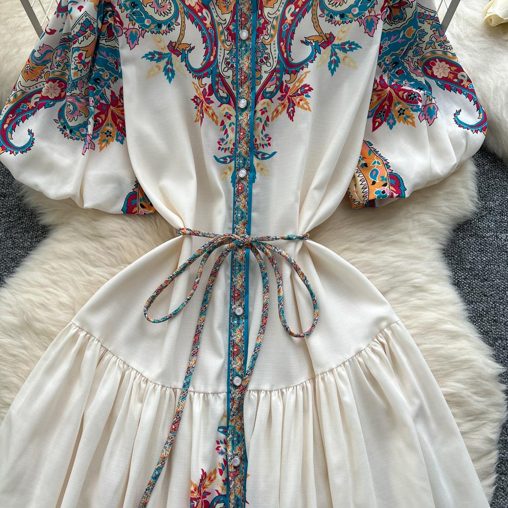 Summer Women Plus Size Turn-down Collar Lantern Sleeve Vintage Print Shirt Loose Lace-up Dresses
