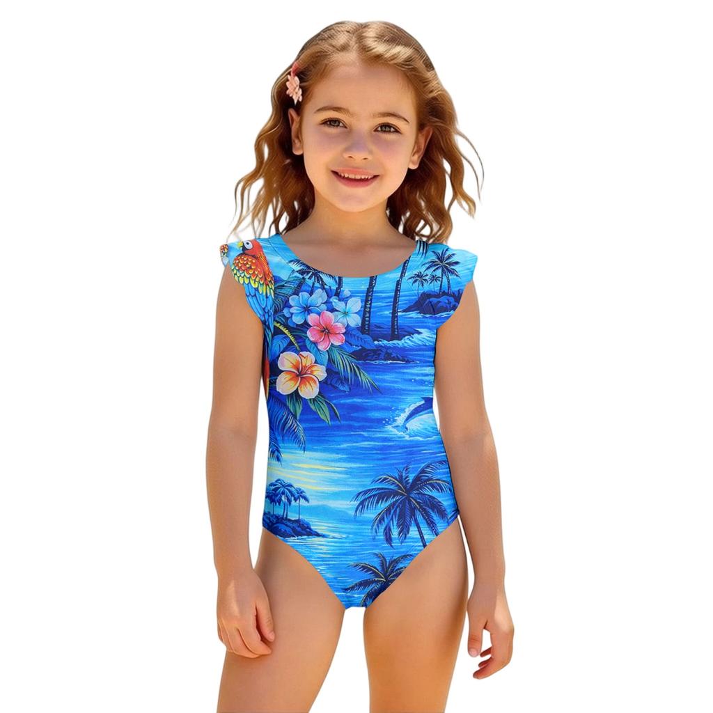Girls One Piece Swimsuit Hawaiian Print Sleeveless Ruffle Shoulder Swimwear Kids Beachwear Bathing Suit for Summer Pool Water Activities