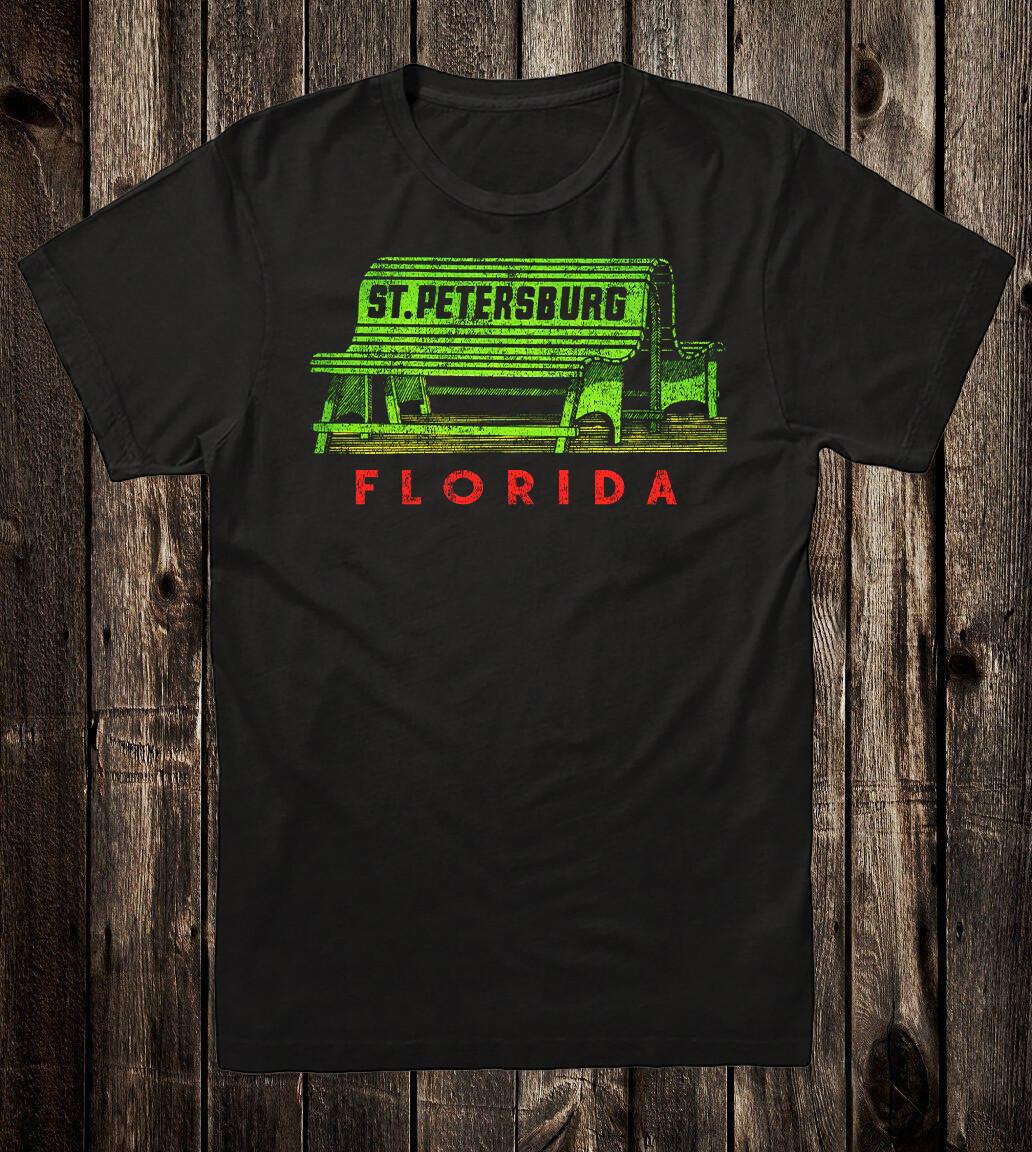 Retro Travel Tee T Shirt Vtg Art State Florida Saint Petersburg Green Bench S
