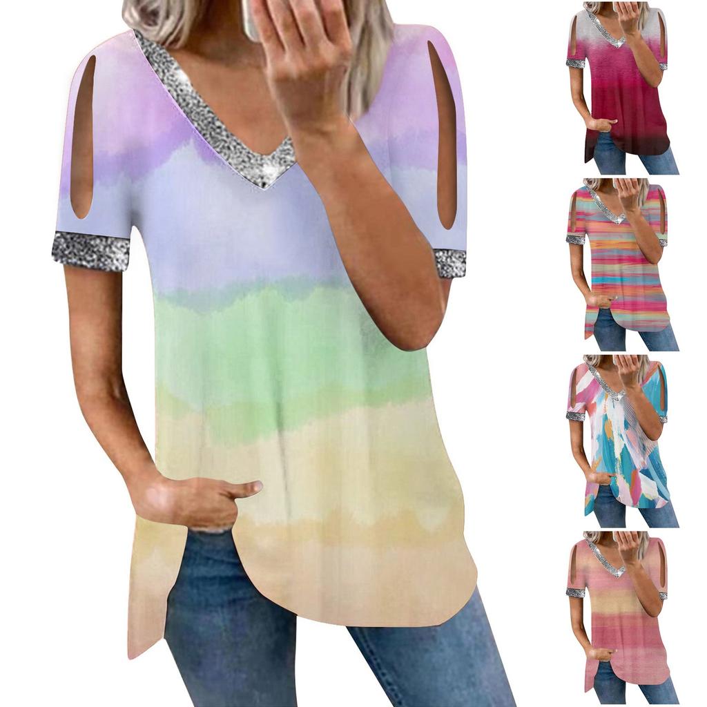 Damen-T-Shirt, bedruckt, V-Ausschnitt, Pailletten, kurzärmelig, Sommer, lässig, lockeres Oberteil