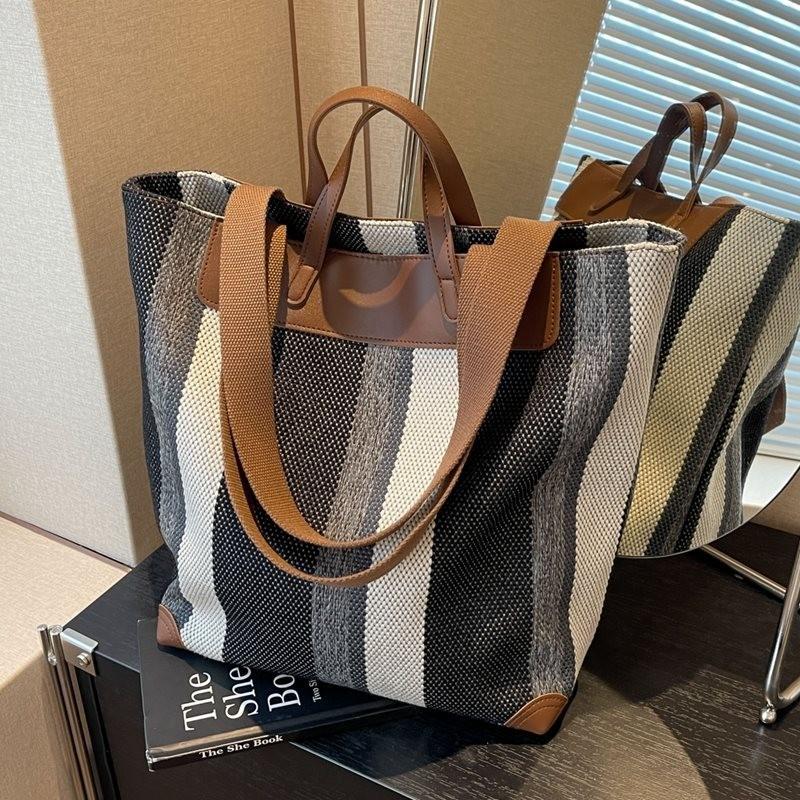Large Capacity Unisex Striped Canvas Tote Bag For Summer Travel And Daily Use