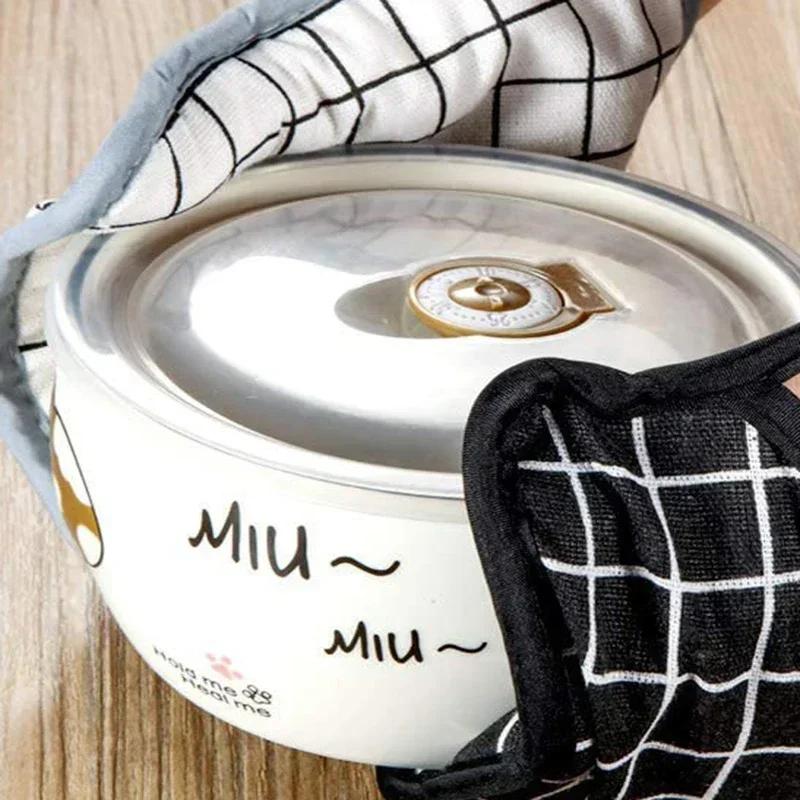 Baking Gloves, Thickened Cotton Grid Oven Mitts Kitchen Potholders Pad Heat Resistant Thermal Anti-heat Take Hot Pot Cooking