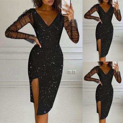 Vestido sexy de malla con lentejuelas de manga larga con cuello en V dividido para fiesta y clubwear