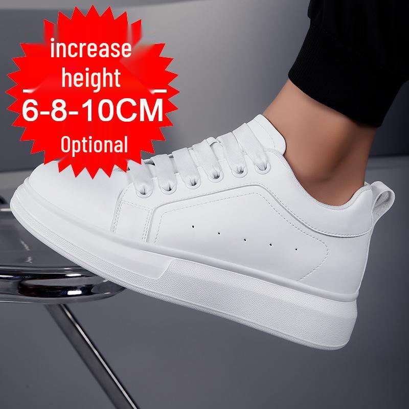 Men's White Height-Increasing Sneakers with Thick Sole, Invisible Inner Lift, and Casual Style, Large Sizes Available, 10cm Boost.