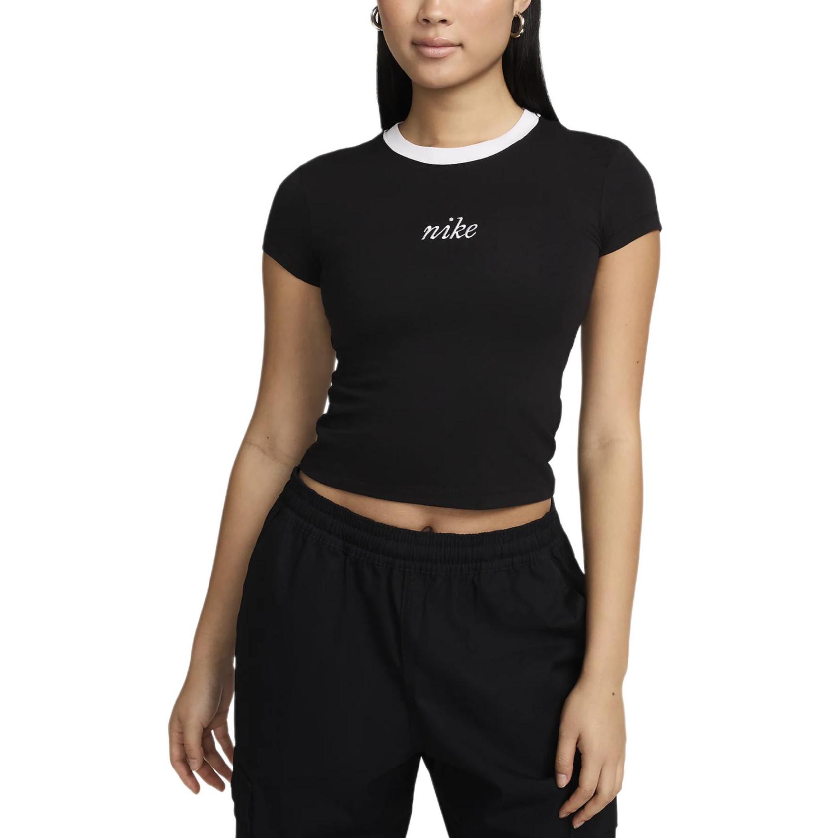 

Nike Womens Slim Cropped Tee With Color Block Neck Design Comfortable Round Neck Short Sleeve T-Shirt Women Tops Black HF8820-010 XS