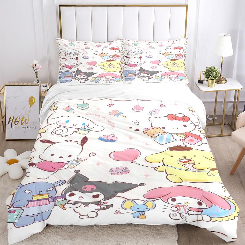 3pcs Sanrio Characters Pom Pom Purin Pochacco Print Bedding Set (1 Cover + 2 Pillowcases, Without Inserts),  Soft and Comfortable W092
